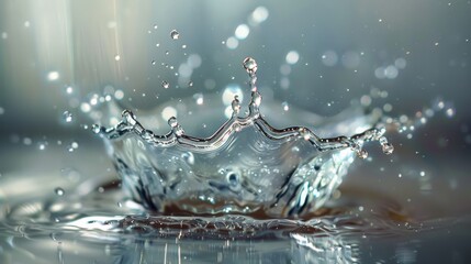 Poster - Transparent water splash with light reflections, mid-air capture, bright and clean background, Close-up photo with clean background