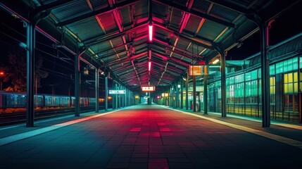 Poster - A vibrant night scene at a train station with colorful lighting and empty platforms.