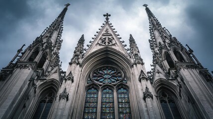 Poster - A majestic cathedral with tall spires and intricate stained glass windows under a cloudy sky.