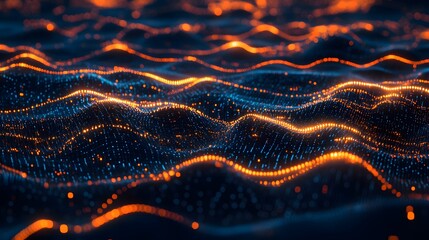 Wall Mural - A dark background with orange and blue waves of data flowing across it, creating an abstract digital landscape