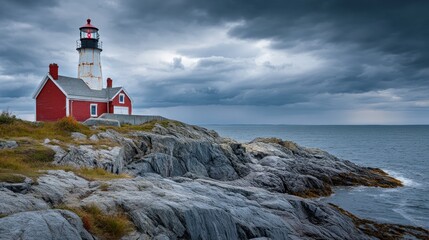 Wall Mural - A red lighthouse stands on rocky shores beneath a dramatic sky, guiding ships at sea.