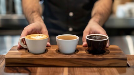 close-up man serving coffee in cups