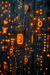 Poster - A computer chip with a glowing. The chip is surrounded by a black background with many glowing dots