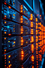 Poster - A row of computer servers with orange lights on them. The servers are connected to each other and are part of a larger network. Concept of technology and efficiency