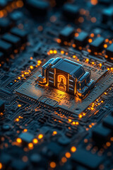 Poster - A computer chip with a small door on it. The chip is surrounded by a lot of other chips