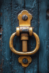 Poster - A gold and brass door handle with a blue door. The handle is ornate and has a vintage look