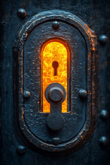 Poster - A keyhole is lit up in a dark room. The keyhole is in the middle of a metal door