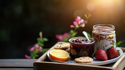 Closeup of a jar of chocolate spread with fruit and biscuits on a wooden table.