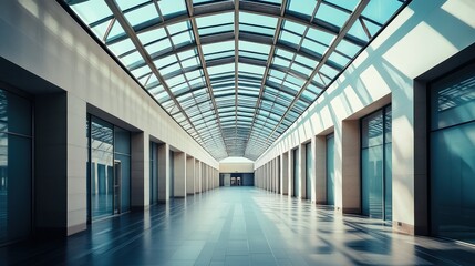 Poster - A modern, spacious corridor with glass roofing and minimalist design.