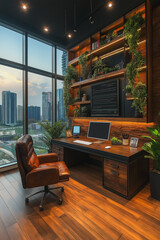 Wall Mural - A modern office with a large window overlooking the city. The desk is set up with a computer, keyboard, and mouse. A potted plant sits on the desk, and a chair is positioned in front of the desk