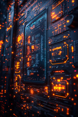 Poster - A computer chip with a blue screen and orange lights