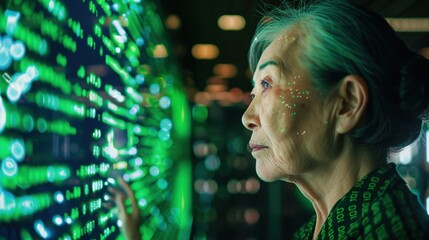 A woman is looking at a computer screen with a green background