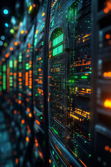 Poster - A computer server room with many green and orange lights