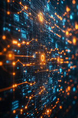 - A computer screen with a lot of orange and blue lights