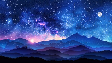 Wall Mural - mystical landscape under a starry sky with a lone wolf howling on a distant mountain. the night sky 