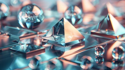 Fototapete - wallpaper displaying an array of 3D shapes, including pyramids and spheres, arranged in a grid-like structure with subtle reflections and gradients to enhance the abstract tech theme.