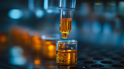 Poster - A glass of liquid is poured into a beaker. The liquid is yellow and he is a type of oil