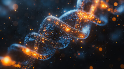Poster - A DNA strand with orange and blue colors. The strand is twisted and has a lot of sparkles