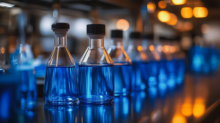 Poster - A row of blue bottles with black lids on a table. The bottles are filled with a clear liquid