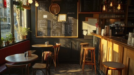 Wall Mural - Cozy café interior with wooden furniture, chalkboard menu, and warm lighting.