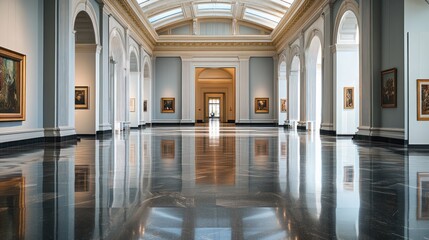 Canvas Print - A spacious art gallery with elegant architecture and reflective flooring, showcasing paintings.