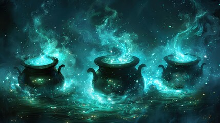 Three mystical cauldrons bubbling with glowing blue liquid, emitting magical energy. The surrounding smoke and particles create magical atmosphere, perfect for a Halloween night of spells and mystery.