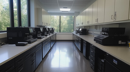 Poster - A large room with many counters and cabinets. The room is very clean and organized