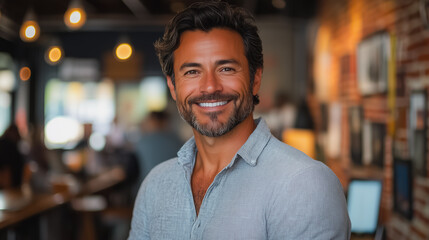 Poster - A man with a big smile is standing in front of a brick wall. He is wearing a blue shirt and he is happy