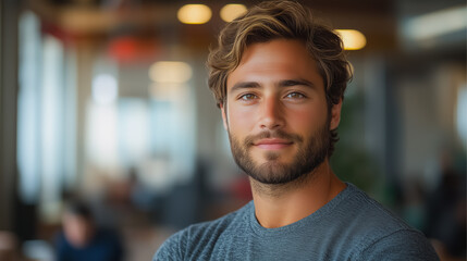 Poster - A man with a beard and a smile is standing in front of a window. He is wearing a blue shirt and a gray sweater