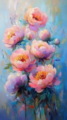 Wall Mural - Pink and White Peonies in a Blue and Green Background Oil Painting