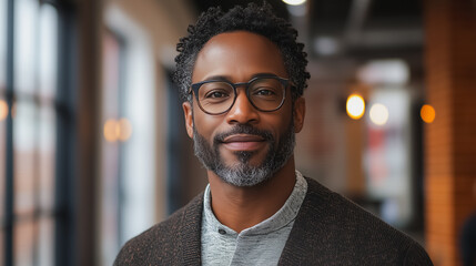 Poster - A man with glasses is smiling at the camera. He is wearing a brown jacket and a white shirt
