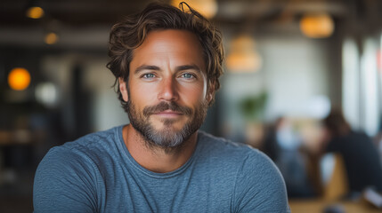 Poster - A man with a beard and glasses is sitting at a table with a blue shirt on. He is smiling and looking at the camera