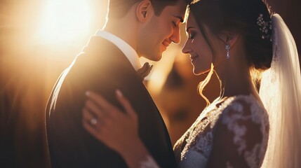 A joyful couple shares a romantic moment during their wedding reception at sunset, celebrating love and togetherness