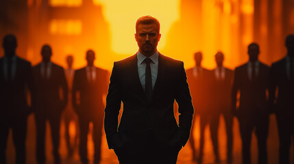 Poster - a man in a suit stands in front of a group of men. the man is wearing a tie and he is the leader of 