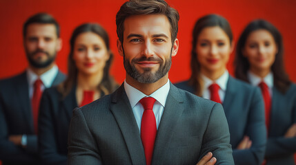 Poster - A group of people wearing suits and ties are posing for a photo. The man in the middle is smiling and wearing a red tie. The group appears to be professional and confident