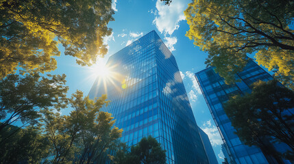 Poster - A tall building with a lot of glass windows and a bright sun shining on it. The sun is reflecting off the building, creating a beautiful and serene atmosphere