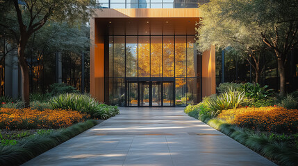 Poster - A large building with a glass entrance and a large tree in front of it. The entrance is open and the building is surrounded by a garden