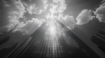 Poster - A tall building with a long glass window is seen in the distance. The sky is cloudy and the sun is shining through the clouds
