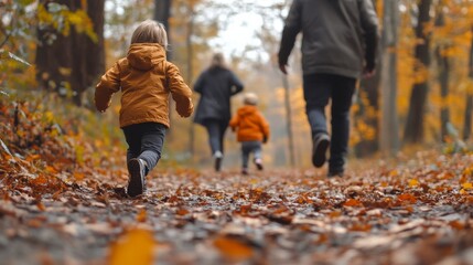 Family enjoying a fall hike in the woods with children playing among the colorful autumn leaves