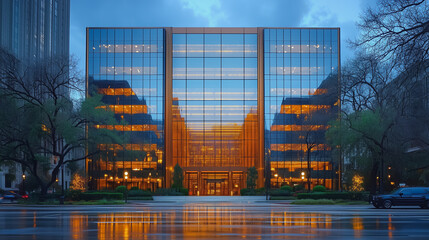 Poster - A large glass building with a lot of windows and a large entrance. The building is lit up at night, giving it a modern and sleek appearance. The surrounding area has trees