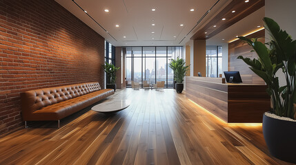 A large room with a brick wall and wooden floors. A brown couch is in the room. There are several potted plants in the room, including one in the corner and another in the middle