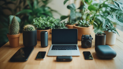 Poster - A laptop sits on a table with a variety of electronic devices, including a cell phone, a camera, and a tablet. The table is surrounded by potted plants, creating a cozy and inviting atmosphere