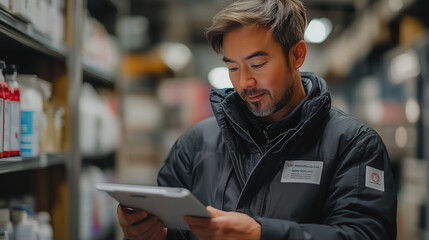 Poster - A man in a black jacket is looking at a tablet.