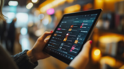 Poster - A woman is holding a tablet in her hand, possibly looking at a menu or a list of items