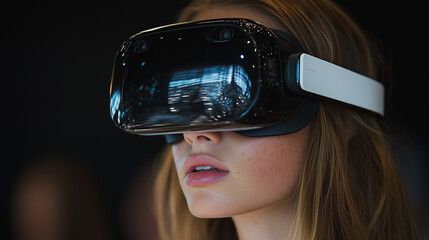 Aufkleber - A woman wearing a virtual reality headset. She is looking at something on the screen. Concept of immersion and excitement as the woman experiences the virtual world