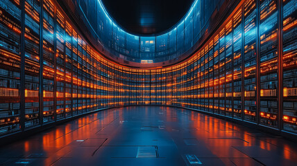 Poster - A large room with many computer monitors and a blue light. The room is empty and the lights are on