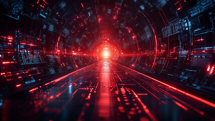 Poster - A red and blue tunnel with a glowing light at the end