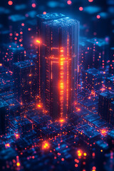Aufkleber - A cityscape with a tall building in the center. The building is lit up with bright orange lights, giving the impression of a futuristic city. Scene is one of excitement and wonder