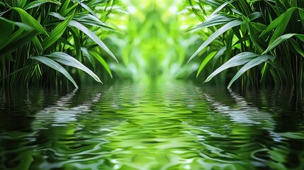 Tranquil green pathway with water reflections in a lush bamboo forest