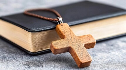 Wooden cross necklace resting on a closed bible.